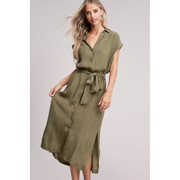 No Rest for Briget Arrays Shirt Dress M Olive Green Midi Sleeveless Belt Buttons - Picture 6 of 16